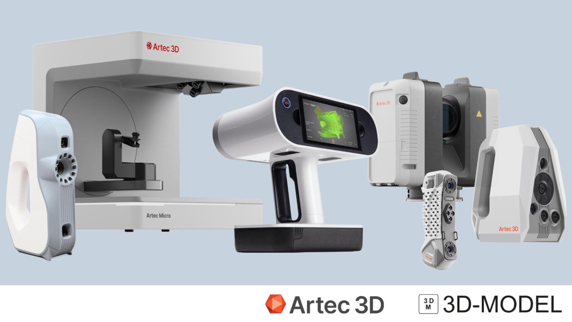 Fünf verschiedene Artec 3D-Scanner werden auf einem hellen Hintergrund dargestellt und zeigen verschiedene Formen und Größen. Das Artec 3D-Logo und der Text 3D-MODEL erscheinen am unteren Rand des Bildes.