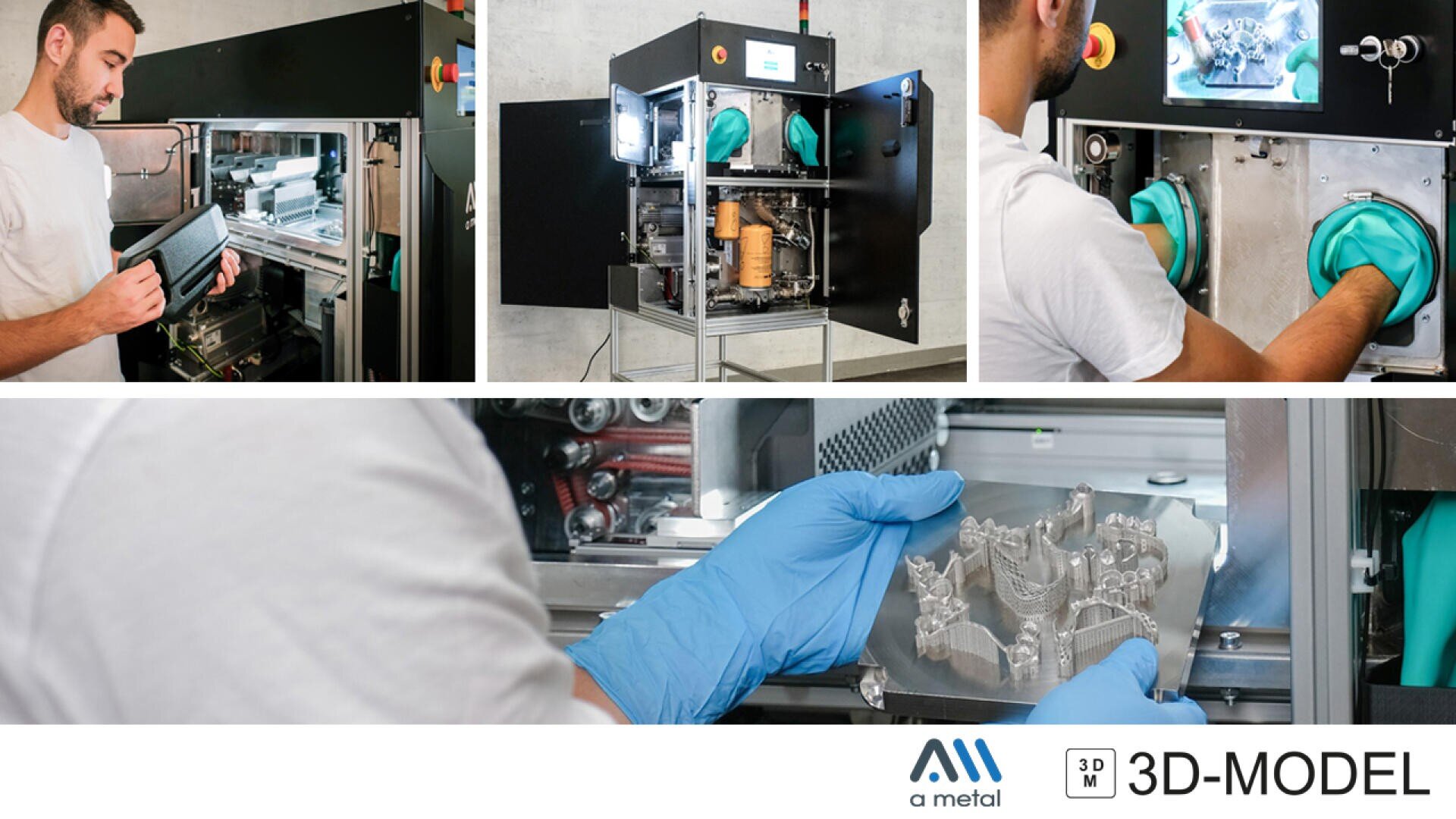 Ein Mann bedient einen 3D-Metalldrucker und hantiert mit gedruckten Teilen und Maschinen. Nahaufnahmen zeigen behandschuhte Hände, die ein Metallmodell mit dem Schriftzug 3D-MODEL und einem Metalllogo in der unteren rechten Ecke halten.