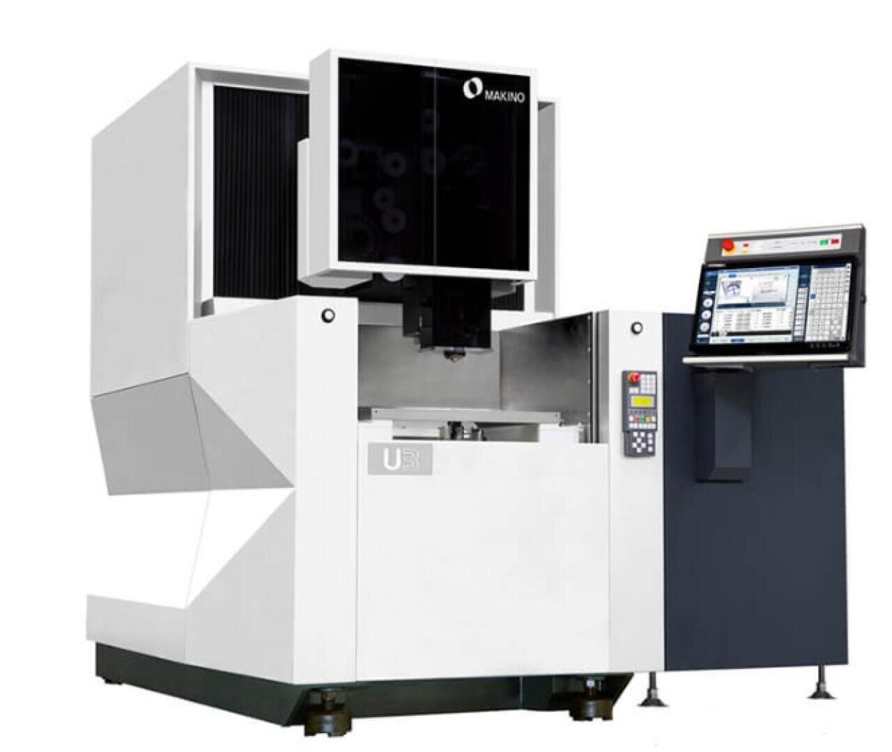 A Makino U3 wire-cutting machine with a control panel and a screen on the right-hand side in a modern, angular white and black design.