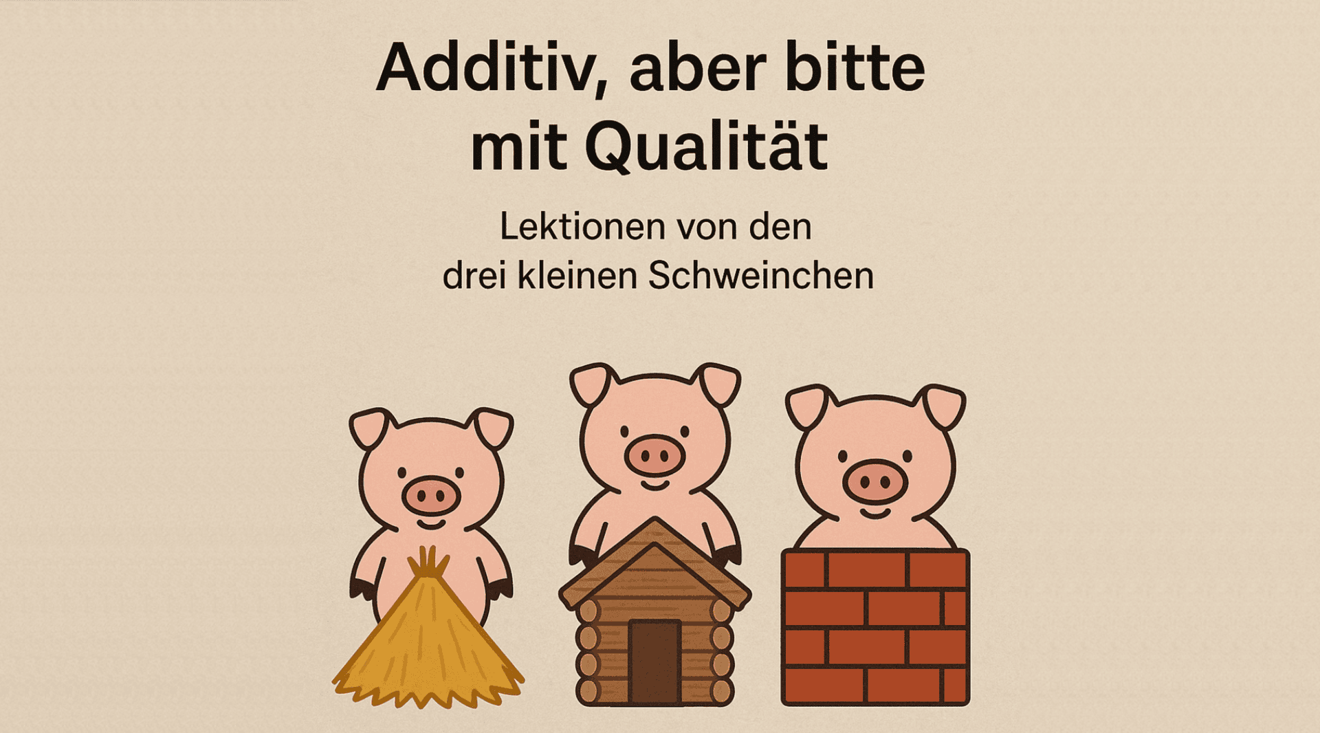 Three cartoon pigs stand in front of houses made of straw, wood and bricks. Above them is a German text: Additive, but with quality please. Lessons from the three little pigs.