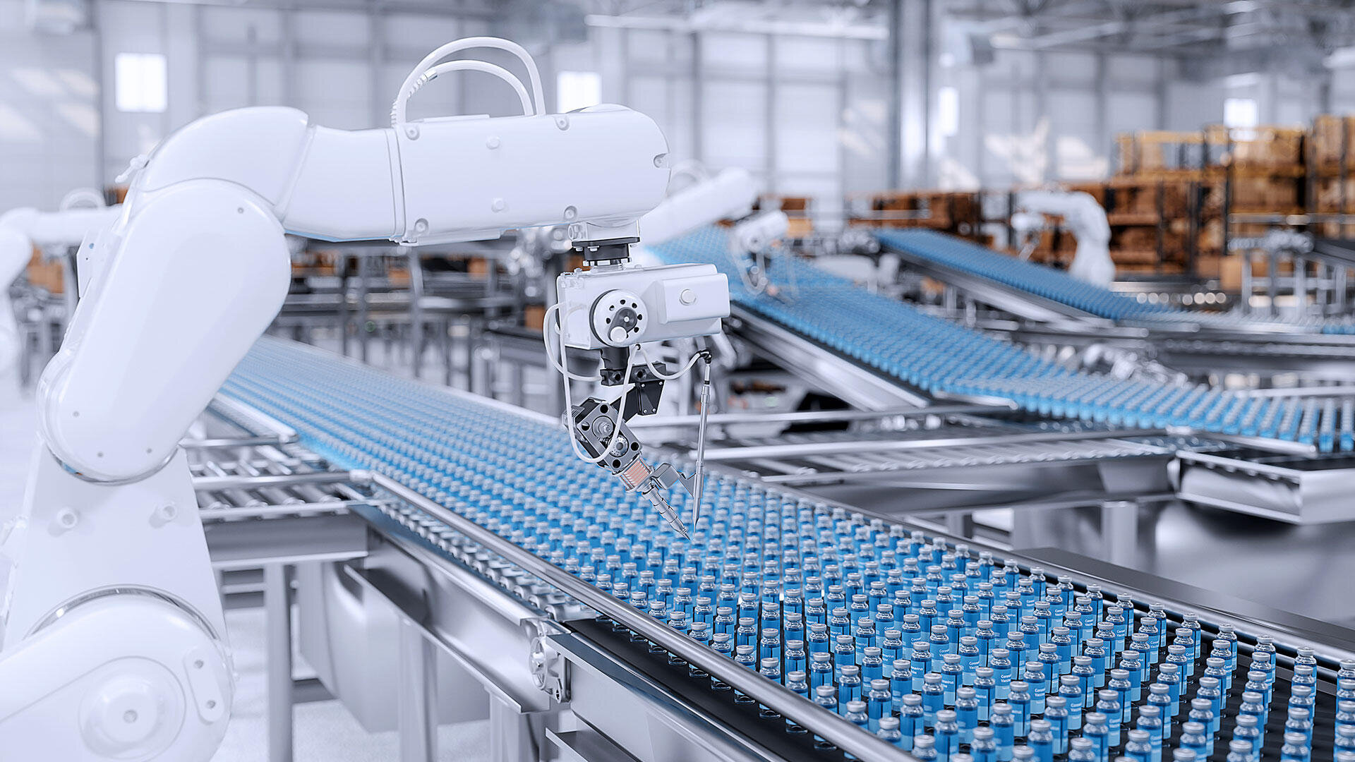 Ein Roboterarm ordnet blaue Plastikflaschen auf einem Förderband in einer modernen, automatisierten Fabrikumgebung an, während im Hintergrund weitere Maschinen und Fließbänder zu sehen sind.