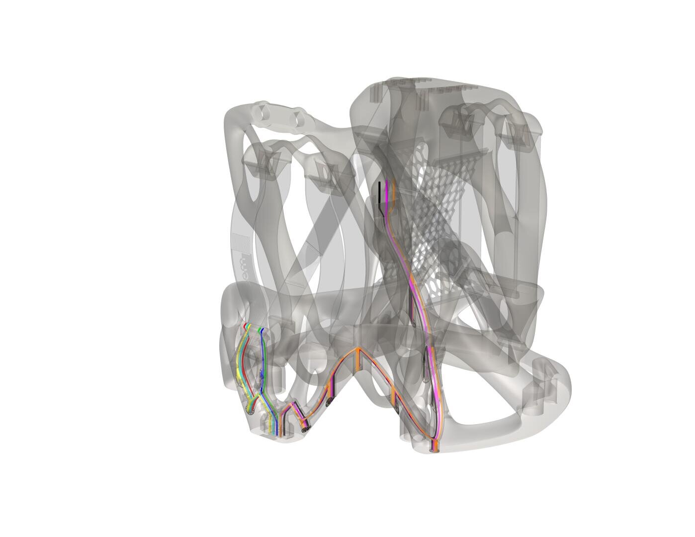 Semi-transparent, organic-shaped 3D-printed structure with internal colored channels or pathways, showcasing an intricate design with visible mesh and curved supports.