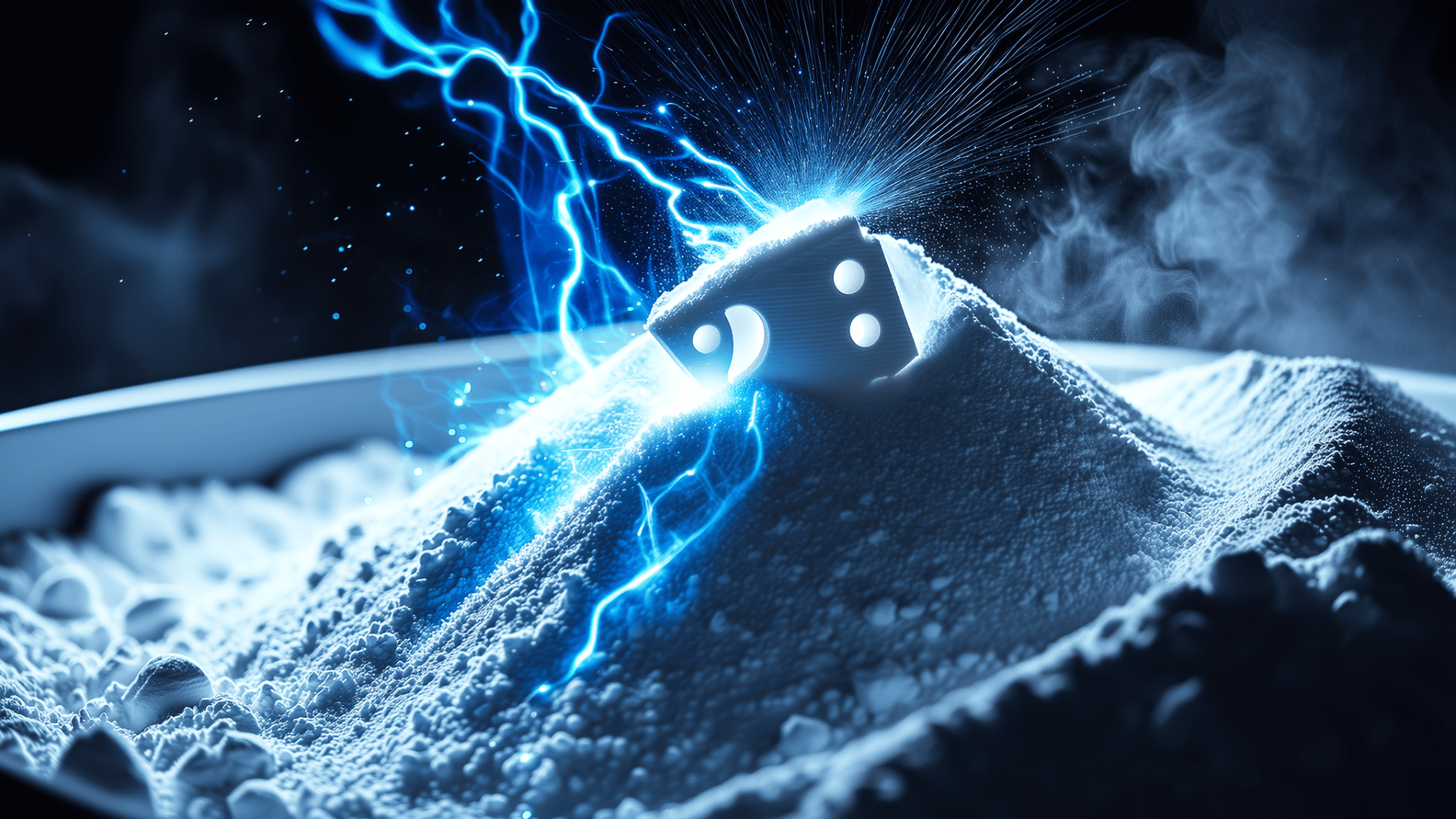 A cube partially buried in a mound of white powder emits glowing blue flashes that create a dramatic and energetic effect amid swirling mist.