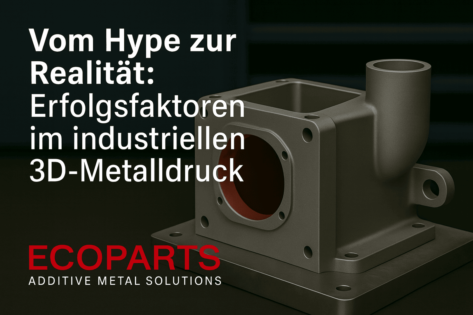 Ein großes 3D-gedrucktes Metallteil liegt auf einer dunklen Fläche. Der deutsche Text lautet: Vom Hype zur Realität: Erfolgsfaktoren im industriellen 3D-Metalldruck. Darunter erscheint das ECOPARTS-Logo in Rot und Weiß.