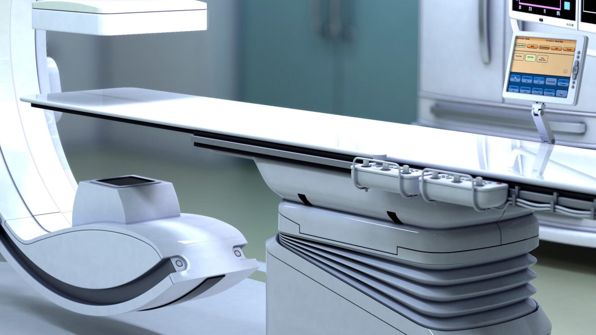 Nahaufnahme eines modernen Bildgebungsraums in einem Krankenhaus mit einem eleganten, weißen medizinischen Scannertisch und fortschrittlichen Bedienfeldern, die auf Hightech-Diagnosegeräte hindeuten.