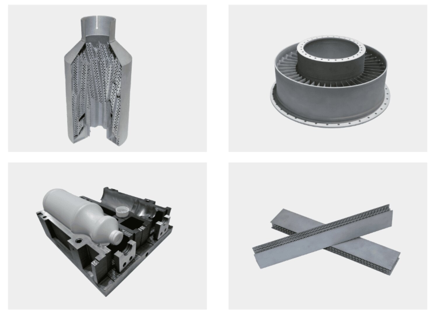 Vier graue Industriekomponenten aus Metall, angeordnet in einem 2x2-Raster, jede mit komplizierten Formen und Strukturen, darunter eine zylindrische Kammer, ein rundes turbinenähnliches Teil, eine komplexe Baugruppe und zwei rechteckige Balken mit detaillierten Texturen.