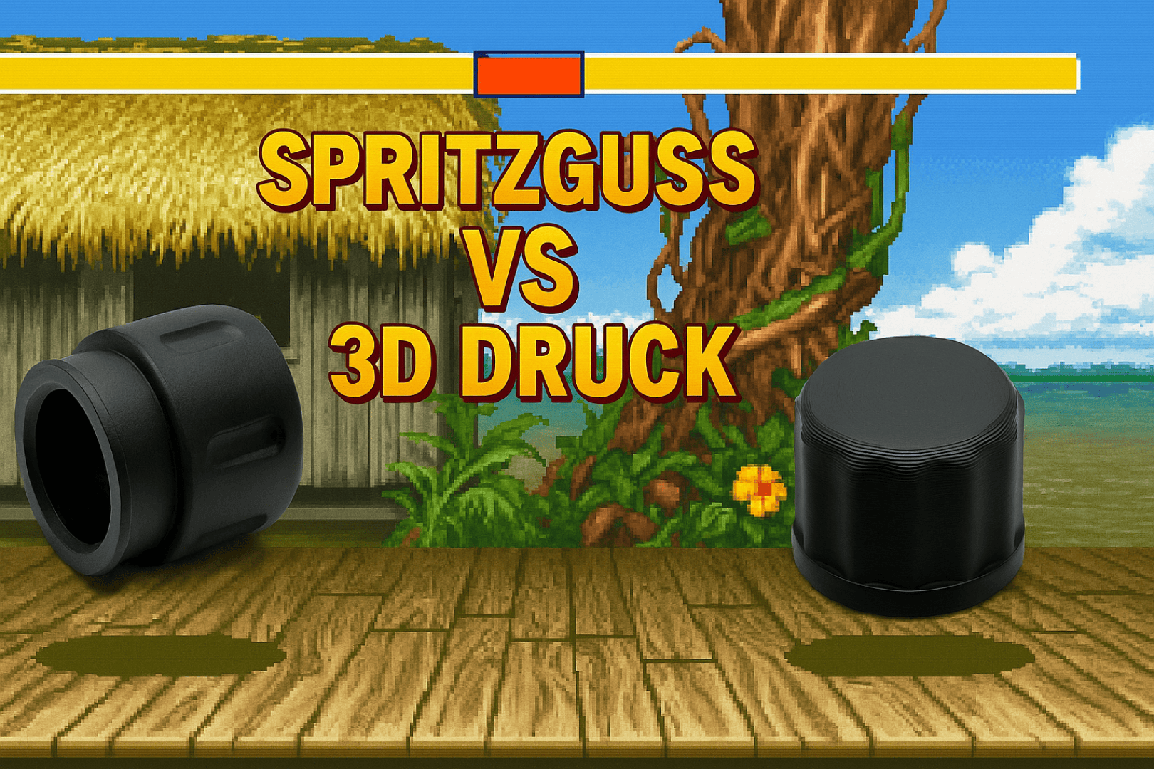 Zwei schwarze Kunststoffteile sind auf einem videospieleähnlichen Kampfbühnenhintergrund abgebildet, zwischen denen in fetten gelben Buchstaben der Text SPRITZGUSS VS 3D DRUCK steht.