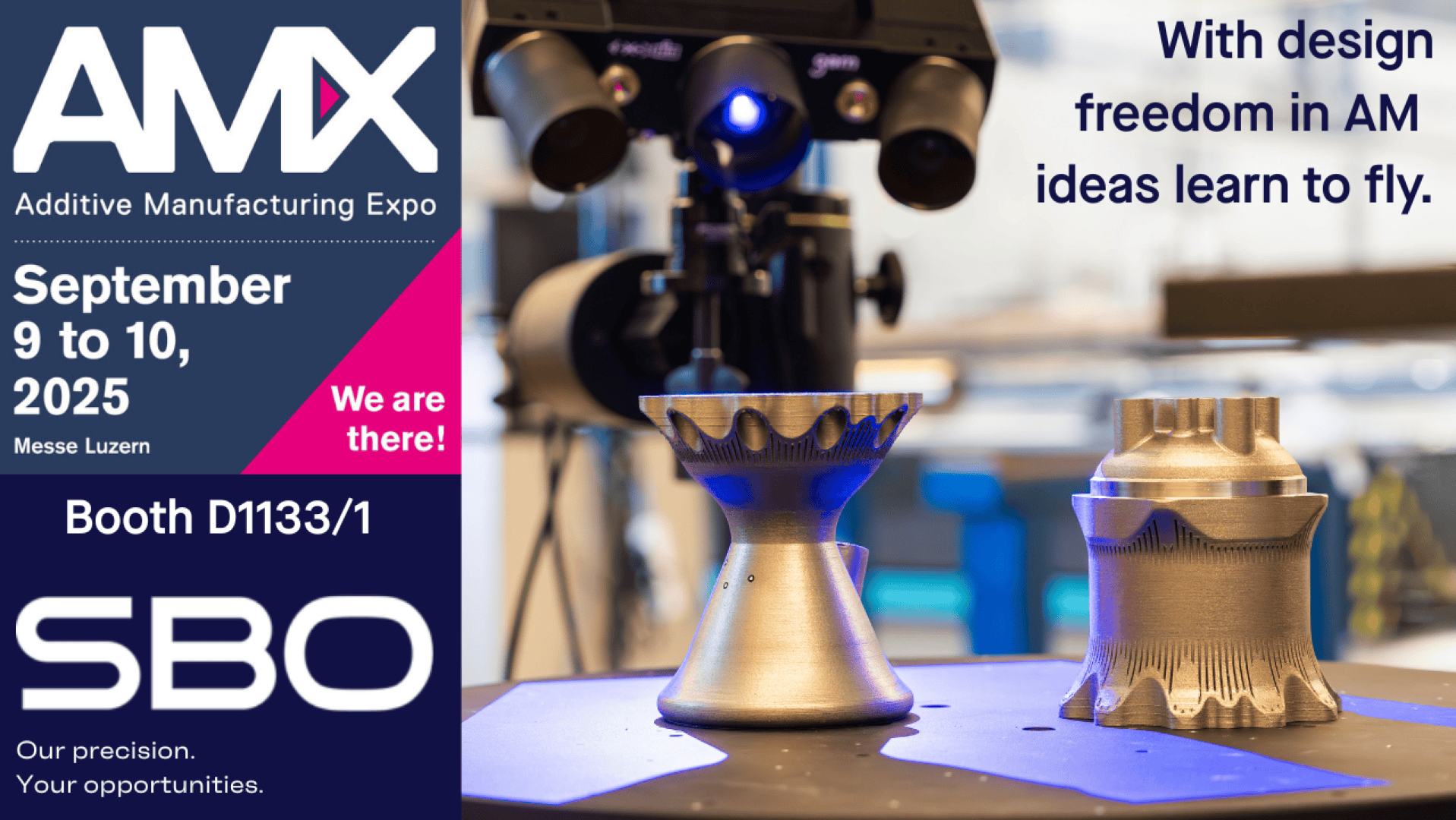Advertising banner for the Additive Manufacturing Expo 2025 with event information, SBO's booth information and two 3D printed metal parts on display with blurred industrial background.