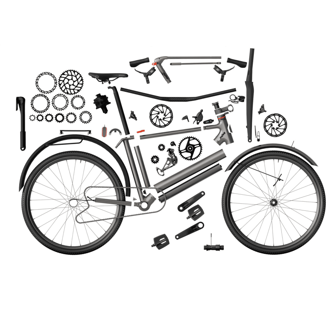 Bicycle parts laid out and arranged to form the shape of a complete bicycle, including wheels, frame, gears, pedals, handlebars, and other components on a white background.