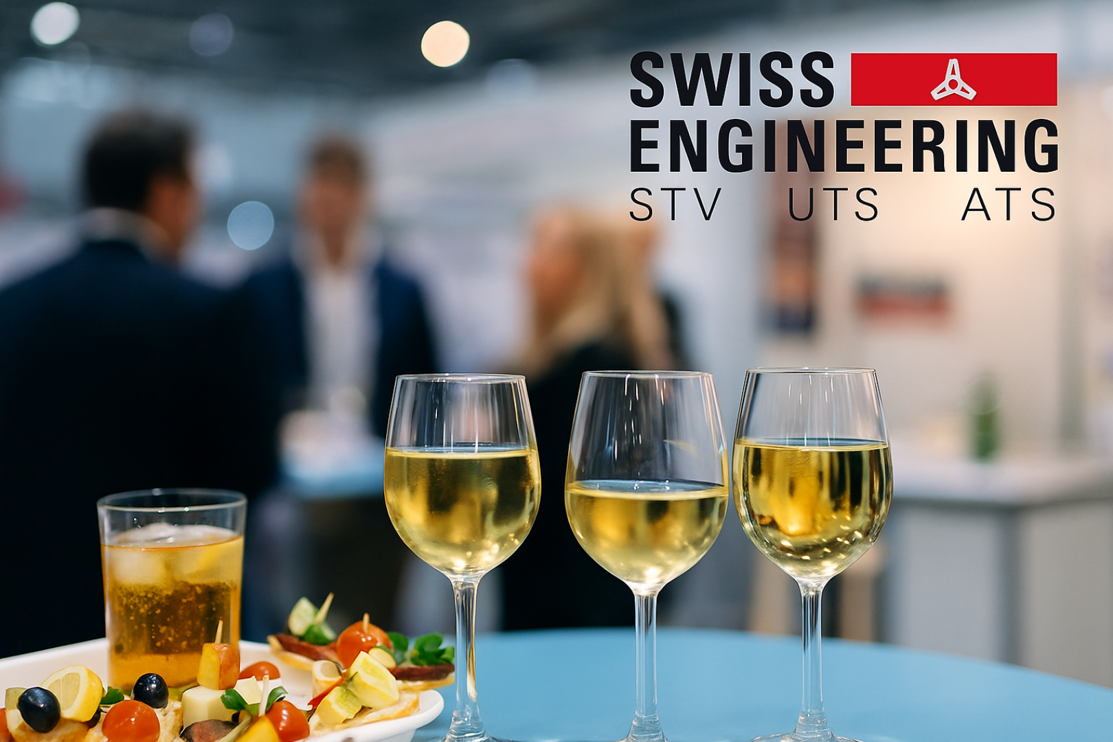 Drei Gläser Weißwein und ein Teller mit Vorspeisen auf einem Tisch bei einem Networking-Event, mit Menschen, die sich im verschwommenen Hintergrund unterhalten, und einem Schild von Swiss Engineering an der Wand.