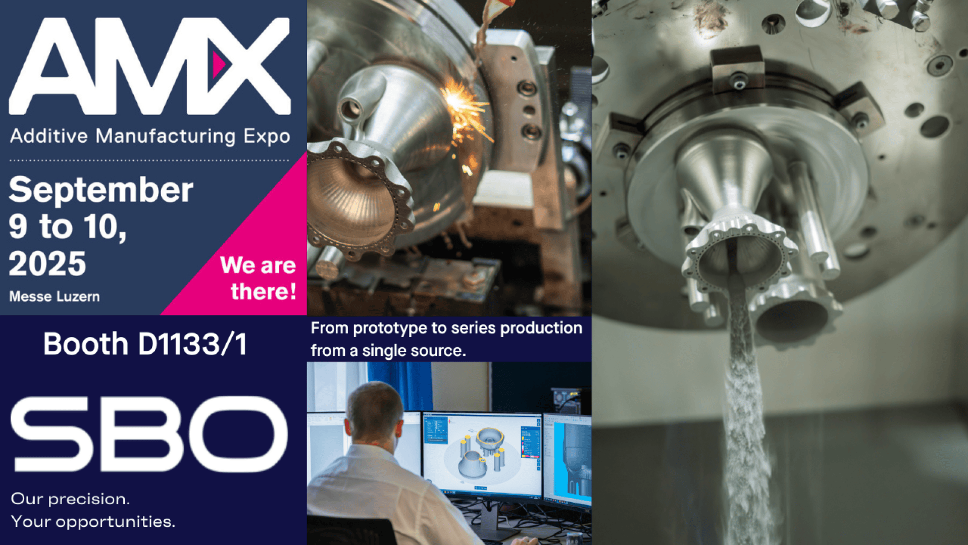 Advertising banner for the Additive Manufacturing Expo (AMX), which will take place on September 9 and 10, 2025 at Messe Luzern. With images of 3D-printed and machined metal parts, the SBO logo and stand number D1133/1.