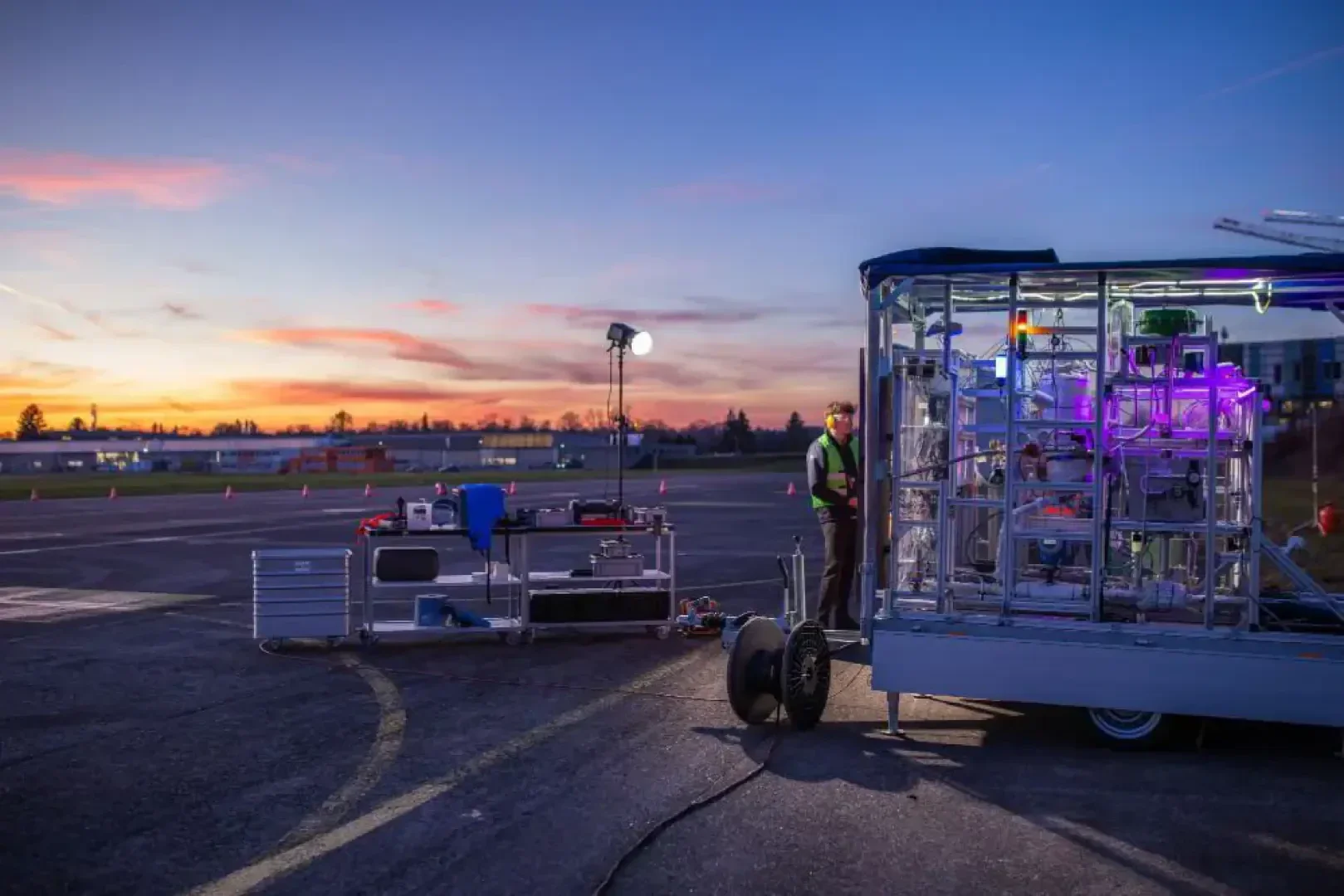 Eine Person steht neben einem Anhänger mit beleuchteter wissenschaftlicher Ausrüstung auf dem Rollfeld eines Flughafens bei Sonnenuntergang, umgeben von anderen Geräten und Kabeln unter einem bunten Himmel.