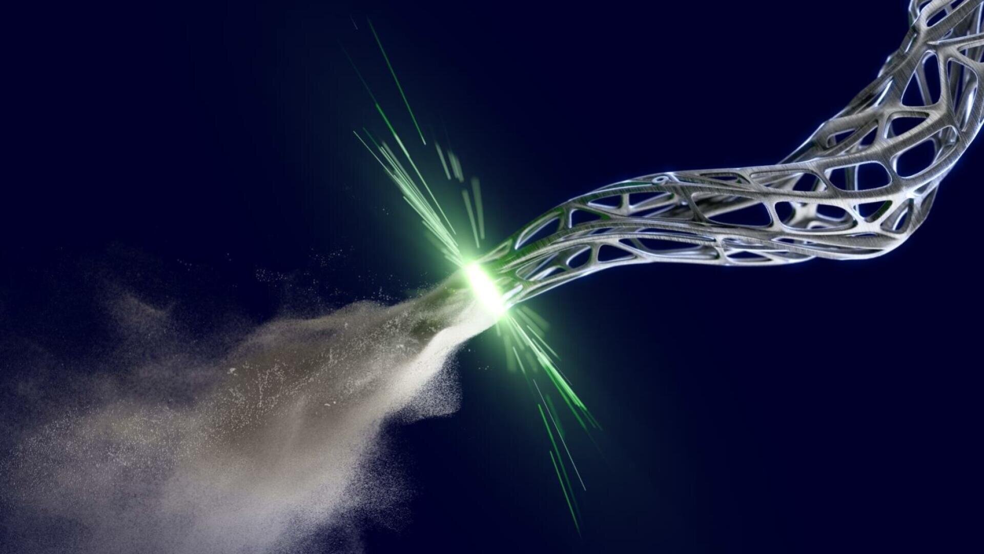 A metallic, lattice-shaped object emits green light and bursts into a cloud of particles against a dark blue background, creating a dynamic and futuristic visual effect.