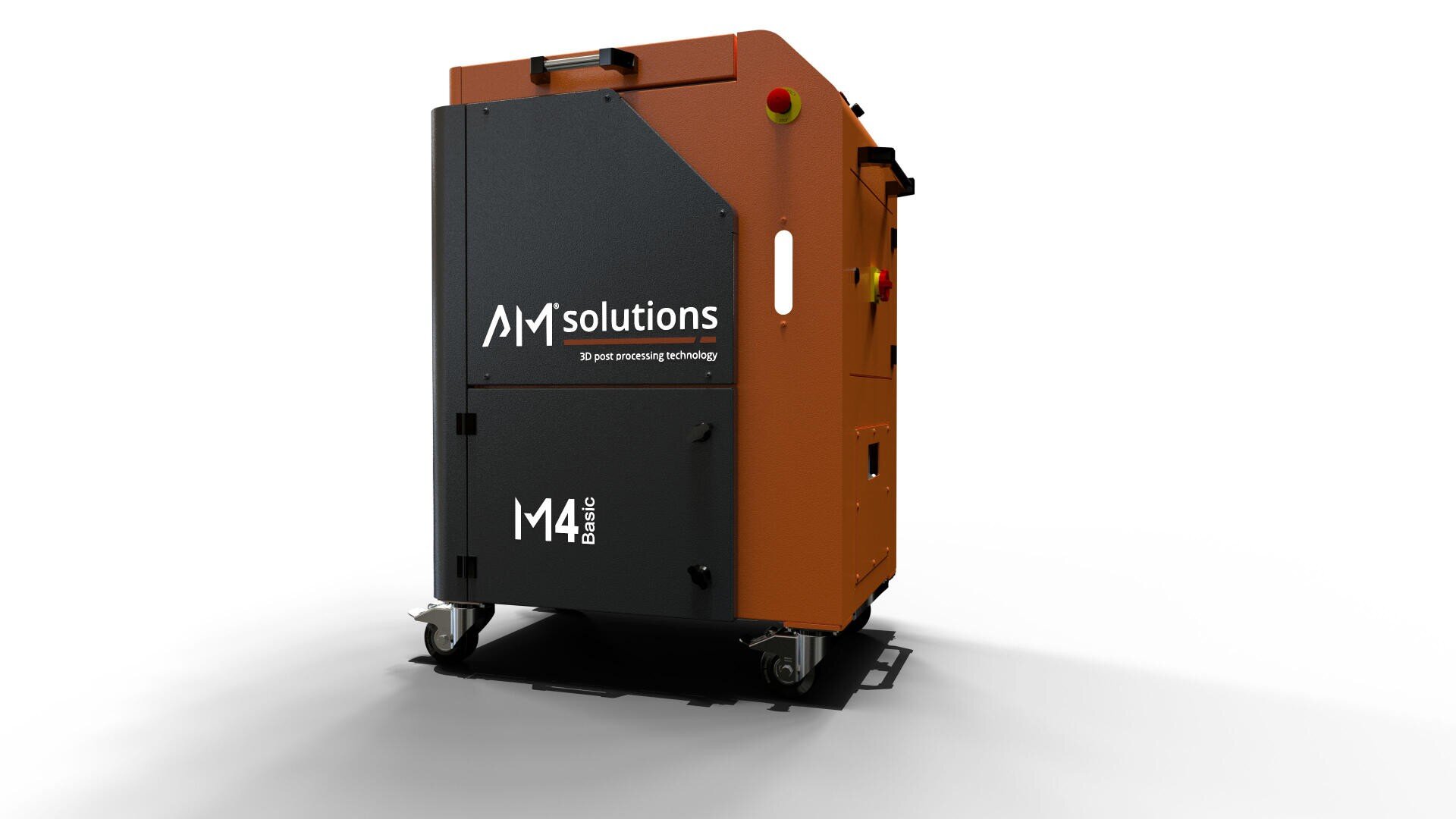 Eine große Industriemaschine mit der Aufschrift AM Solutions 3D Post Processing Technology M4 basic mit Rädern, schwarzen und orangefarbenen Tafeln und Bedienelementen auf einem schlichten weißen Hintergrund.