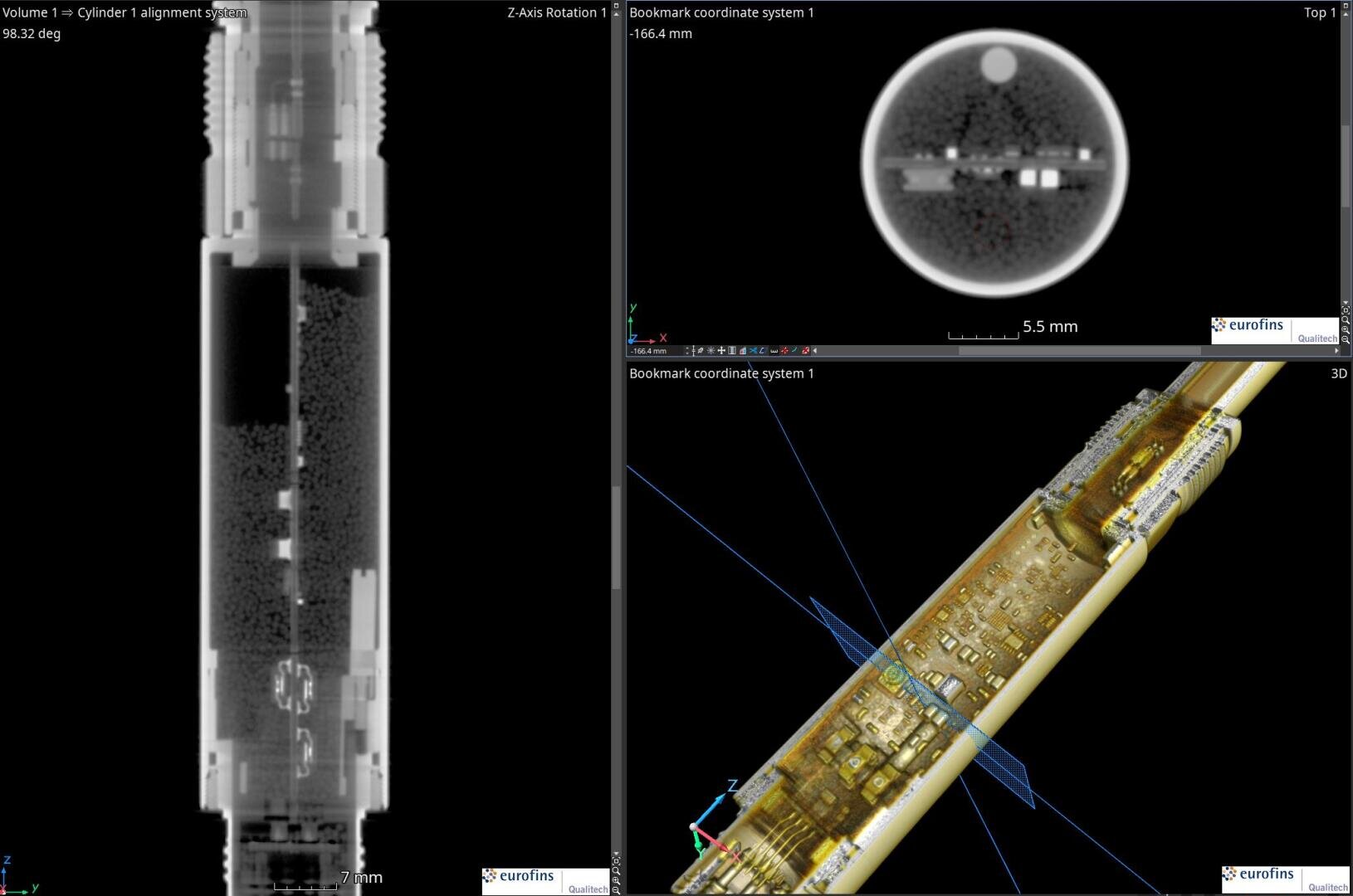 X-ray and 3D images show the internal components and circuits of an electronic device in a cylindrical housing, which is displayed from different angles with measurement markings and analysis overlays.