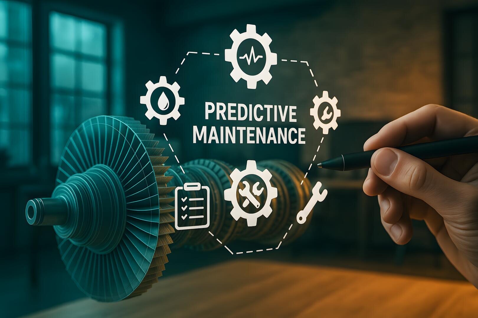 Eine Hand, die einen Stift hält, zeigt auf eine holografische Schnittstelle, die die Worte "Predictive Maintenance" (vorausschauende Wartung) und zugehörige Symbole über einem großen Metallgetriebe in einer Industrieumgebung anzeigt.
