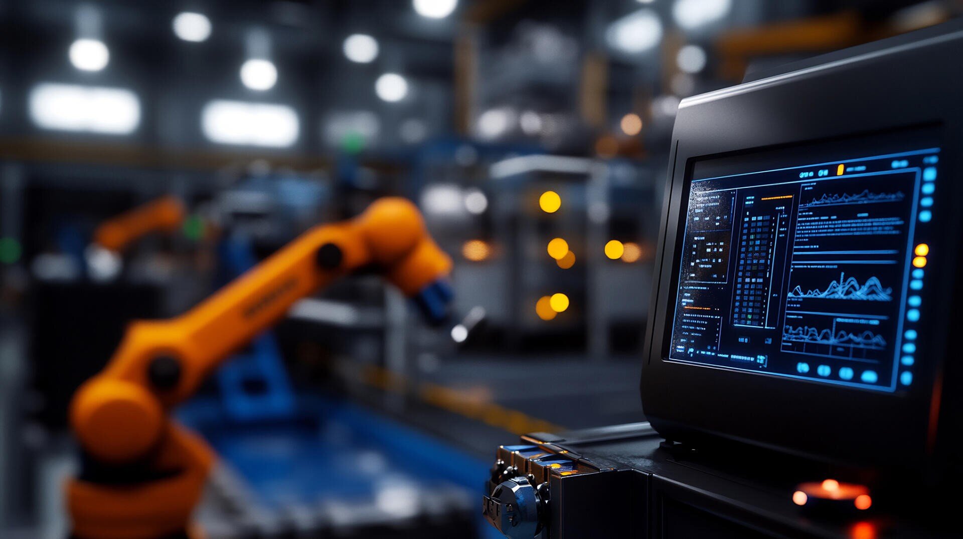 Ein Computermonitor zeigt im Vordergrund Daten und Diagramme an, während im Hintergrund ein orangefarbener Roboterarm in einer unscharfen, modernen industriellen Fabrikumgebung arbeitet.