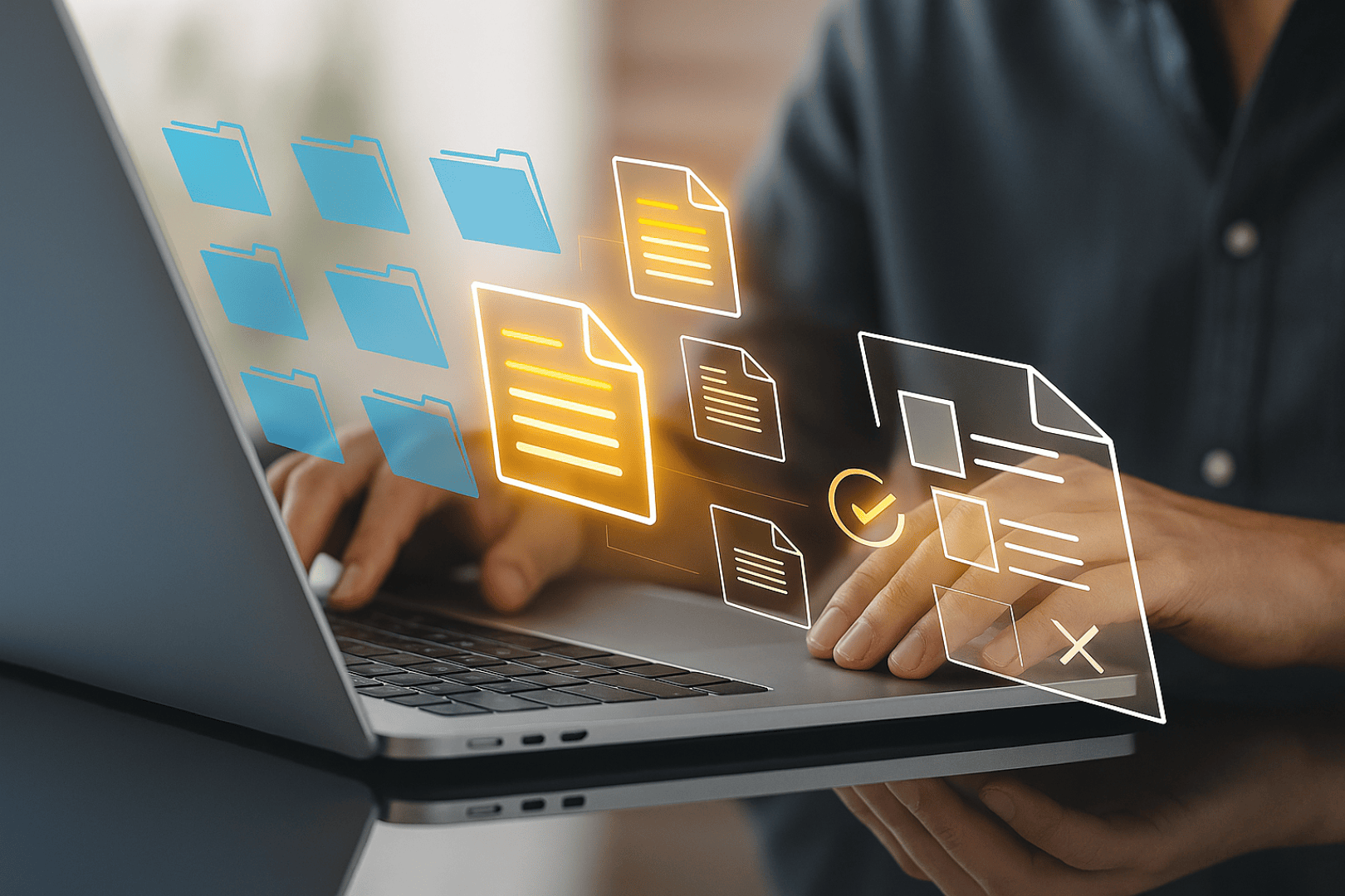 Eine Person tippt auf einem Laptop mit digitalen Datei- und Ordnersymbolen, die über der Tastatur schweben und die Dateiverwaltung oder Datenübertragung auf einem Computer darstellen.