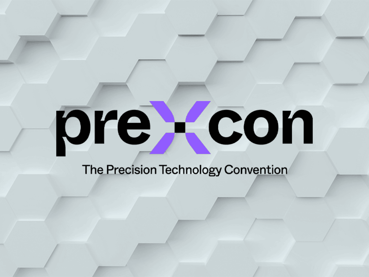 Logo für preXcon: Die „Precision Technology Convention“ mit einem stilisierten violetten X auf einem weißen Hintergrund mit sechseckigem Muster.