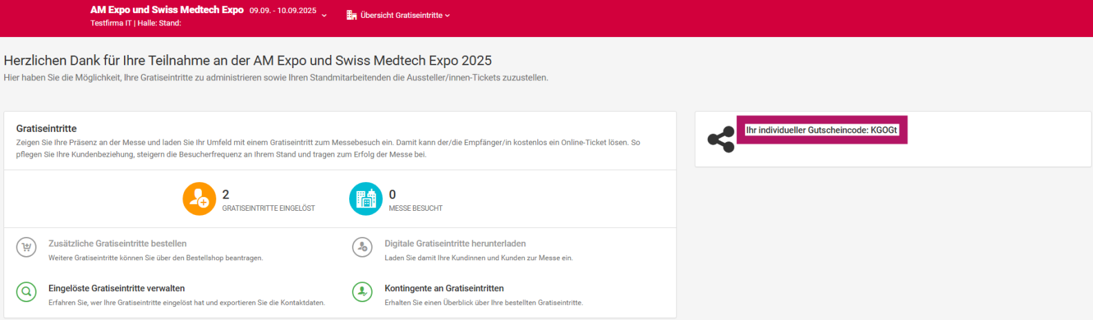 Screenshot einer Bestätigungsseite für die Veranstaltungsregistrierung für die AM Expo und Swiss Medtech Expo 2025, die einen Abschnitt über Gasttickets und eine hervorgehobene Schaltfläche mit der Aufschrift Ihr individueller Gutscheincode zeigt: KK09.