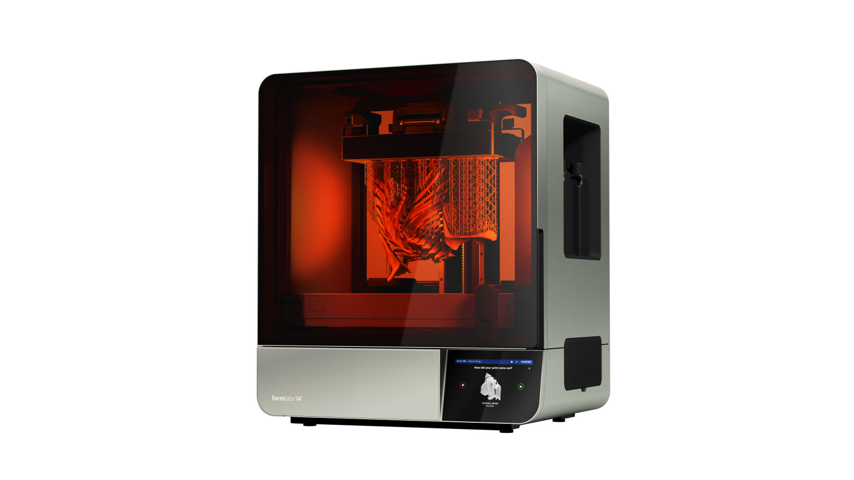 A sleek, modern 3D printer with a translucent orange front panel prints a detailed object inside. The device has a touchscreen interface that displays a 3D model and status information.